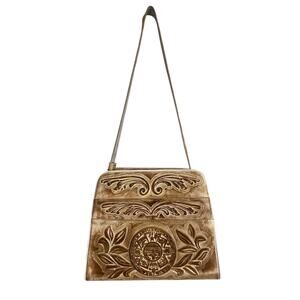 Vtg Maraj Hand Tooled Leather Purse Aztec Calendar Floral Box Bag Western Boho